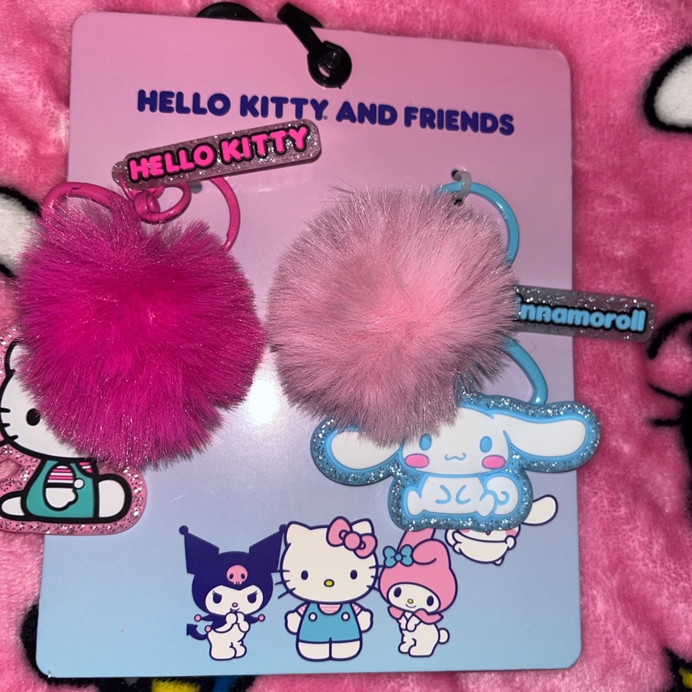 Hello Kitty Pink Cinnamoroll Blue Plush Pom Pom Keychain Duo Set NEW